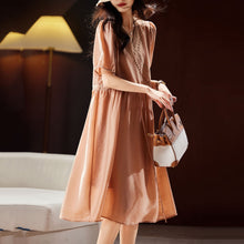 Load image into Gallery viewer, Classy Orange V Neck Hollow Out Patchwork Tie Waist Silk Long Dresses Short Sleeve