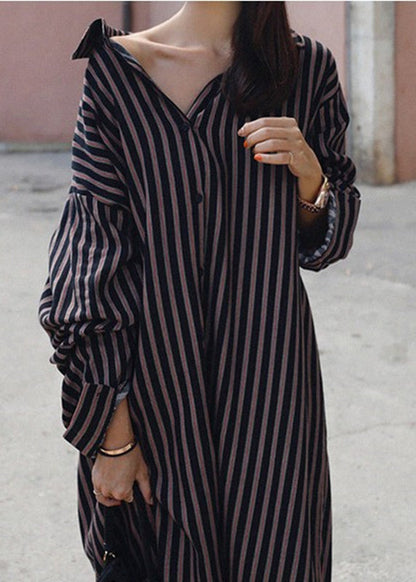 Classy Peter Pan Collar Striped Side Open Button Vacation Dresses Long Sleeve
