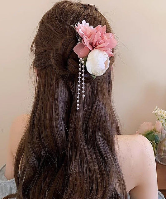 Classy Pink Acrylic Cloth Pearl Floral Tassel Hairpin