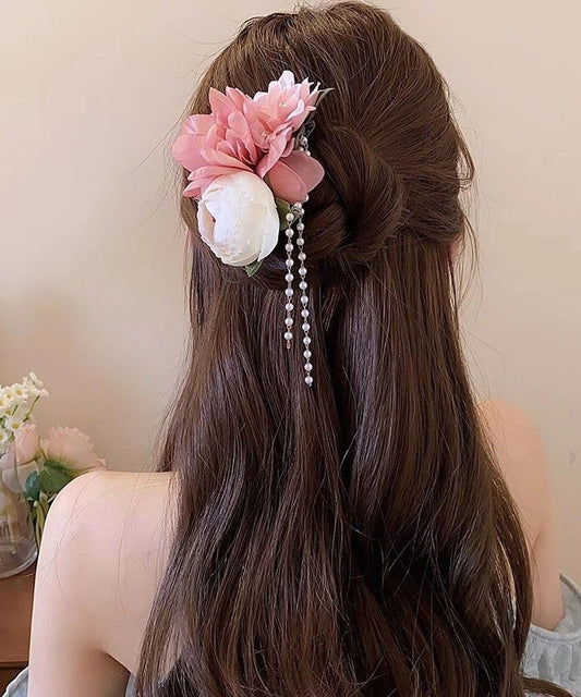 Classy Pink Acrylic Cloth Pearl Floral Tassel Hairpin