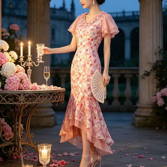 Classy Pink Asymmetrical Print Chiffon Dinner Dress Summer