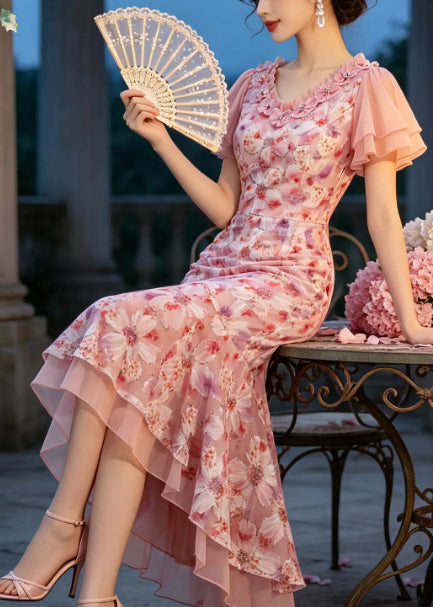 Classy Pink Asymmetrical Print Chiffon Dinner Dress Summer
