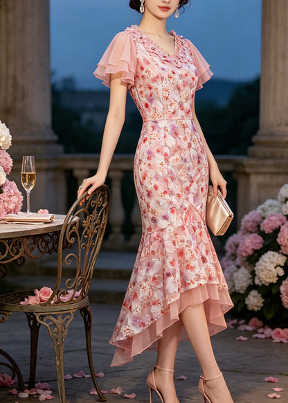 Classy Pink Asymmetrical Print Chiffon Dinner Dress Summer