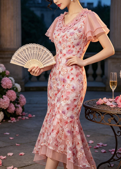 Classy Pink Asymmetrical Print Chiffon Dinner Dress Summer