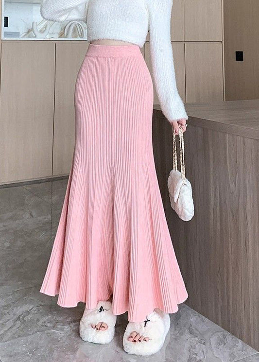 Classy Pink Elastic Waist Knit A Line Skirt Fall