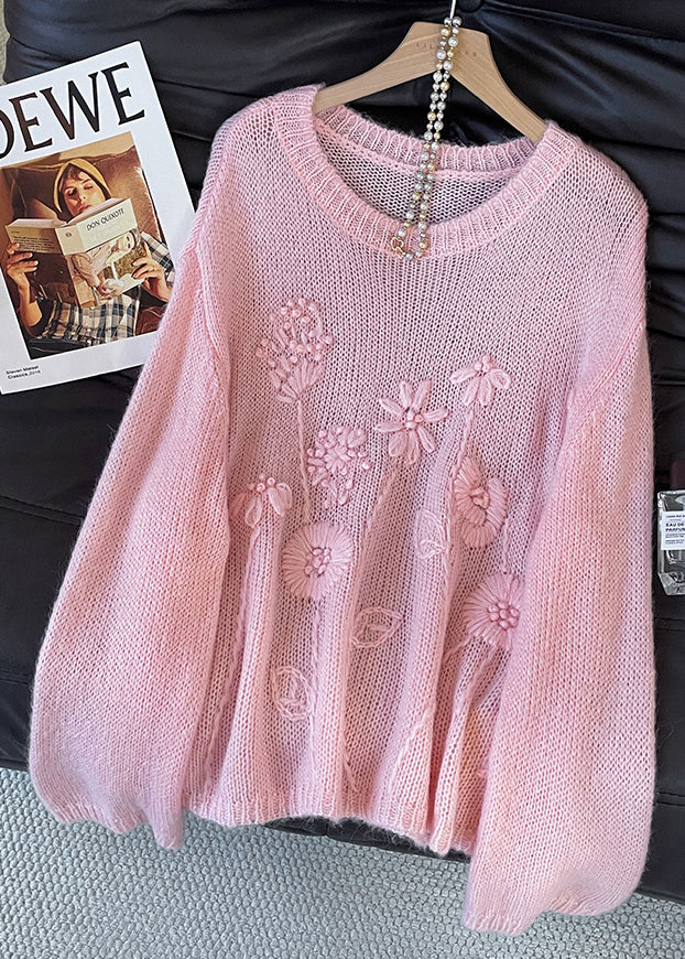 Classy Pink Embroidered Flower Knit Short Sweater Fall