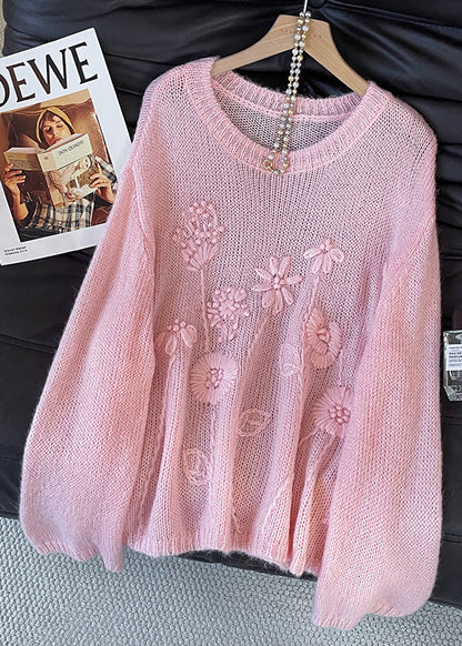 Classy Pink Embroidered Flower Knit Short Sweater Fall