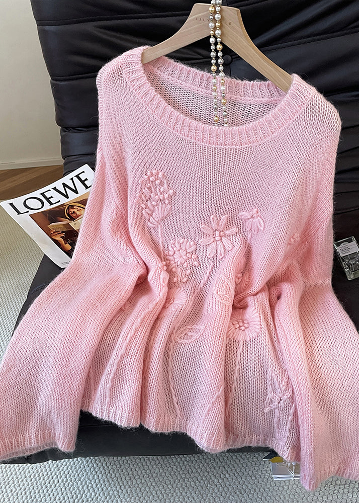 Classy Pink Embroidered Flower Knit Short Sweater Fall