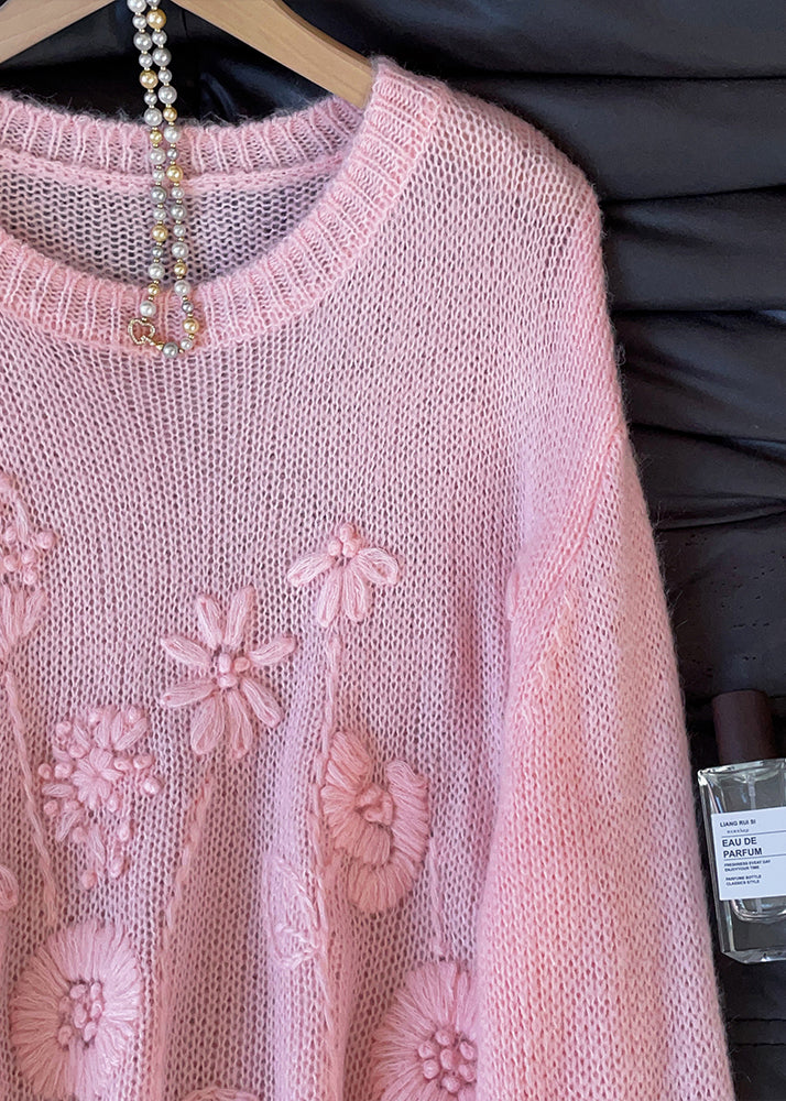 Classy Pink Embroidered Flower Knit Short Sweater Fall
