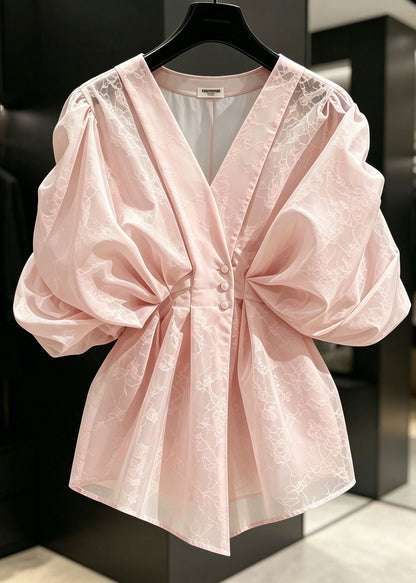 Classy Pink Jacquard Wrinkled Silk Top Puff Sleeve