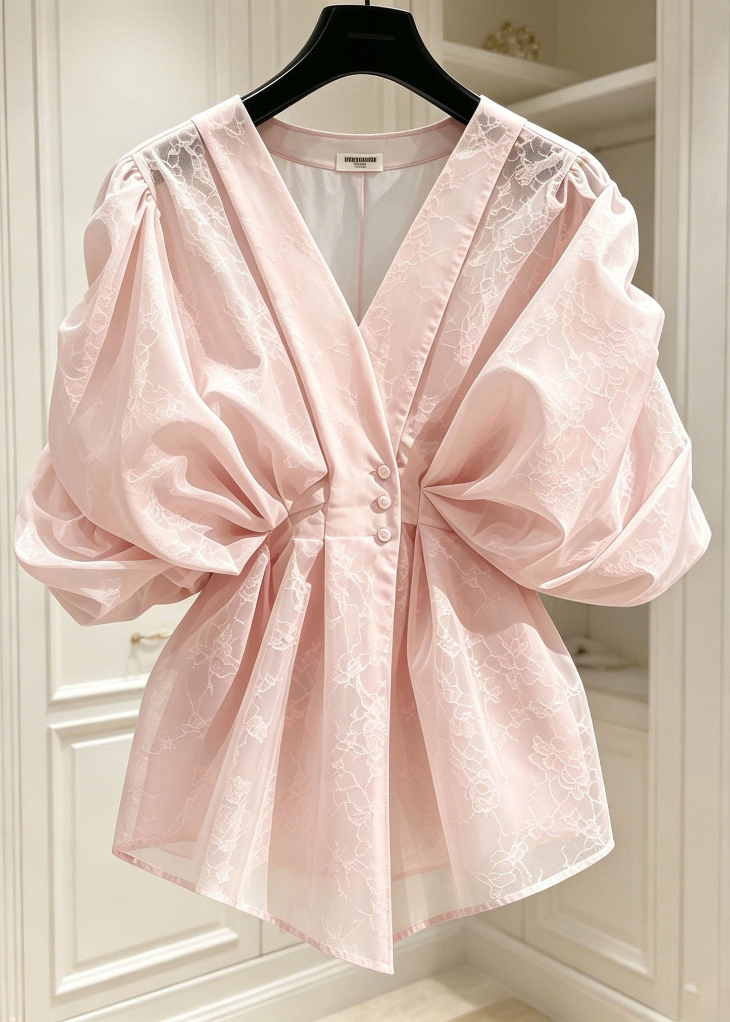 Classy Pink Jacquard Wrinkled Silk Top Puff Sleeve