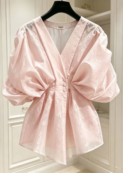 Classy Pink Jacquard Wrinkled Silk Top Puff Sleeve