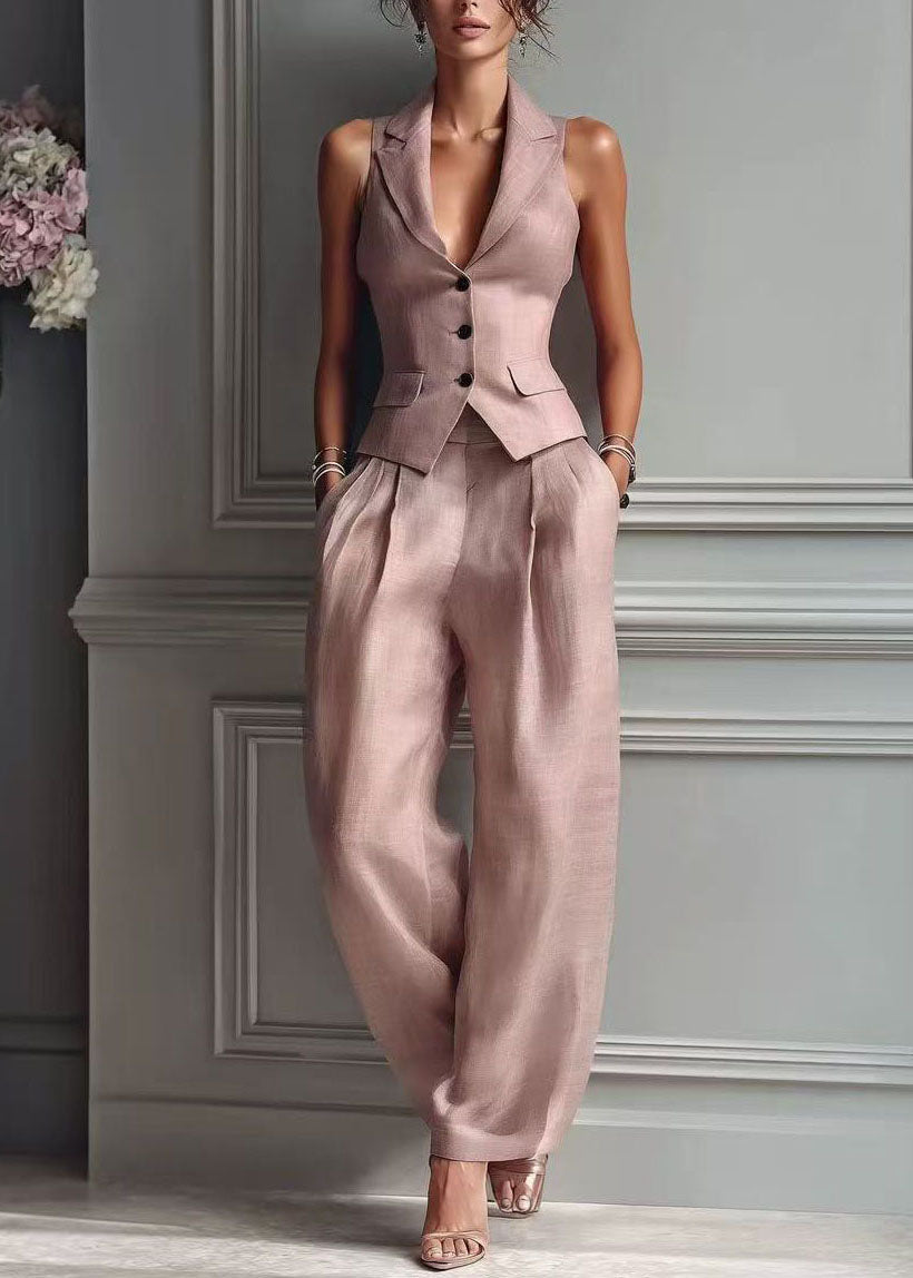 Classy Pink Notched Silm Fit Cotton Two Piece Set Women Clothing Sleeveless