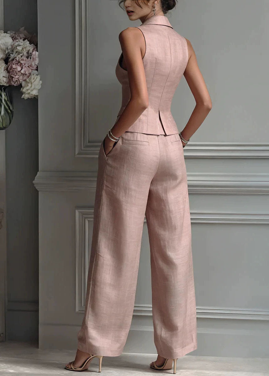 Classy Pink Notched Silm Fit Cotton Two Piece Set Women Clothing Sleeveless