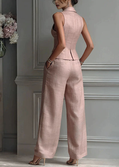 Classy Pink Notched Silm Fit Cotton Two Piece Set Women Clothing Sleeveless