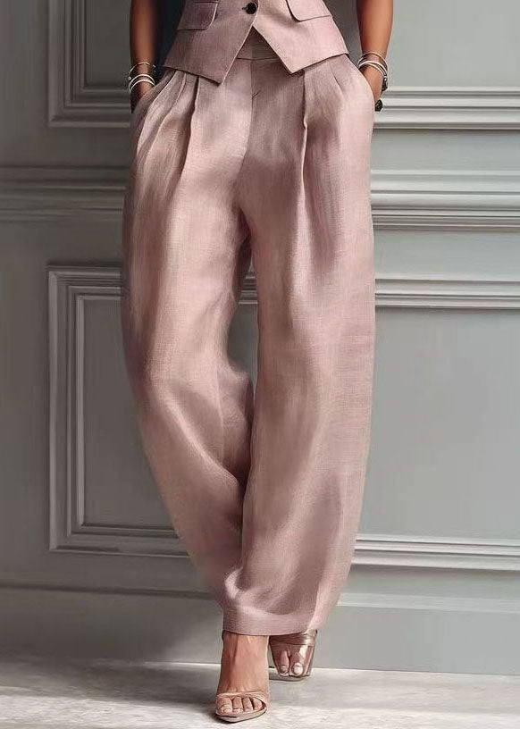 Classy Pink Notched Silm Fit Cotton Two Piece Set Women Clothing Sleeveless