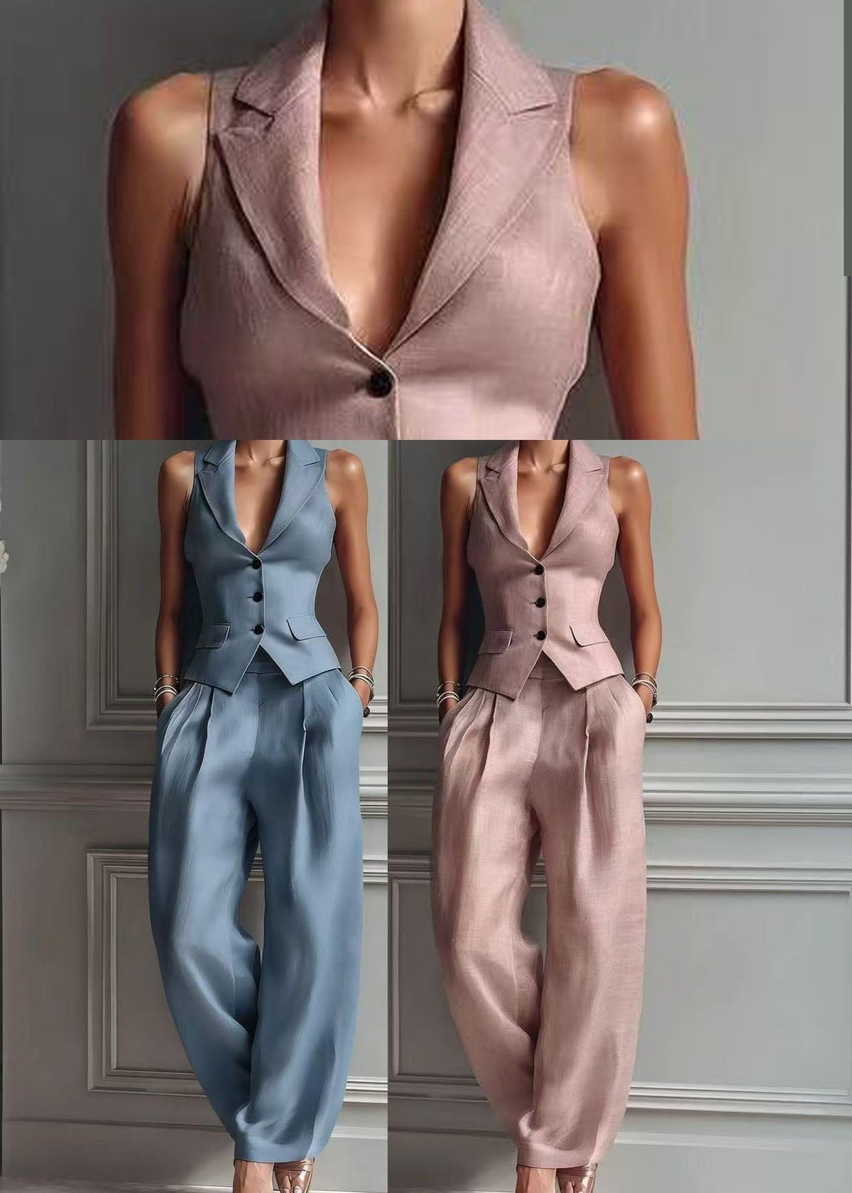 Classy Pink Notched Silm Fit Cotton Two Piece Set Women Clothing Sleeveless