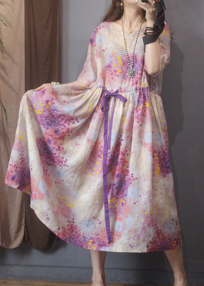 Classy Pink O-Neck Drawstring Floral Linen Mid Dress Half Sleeve