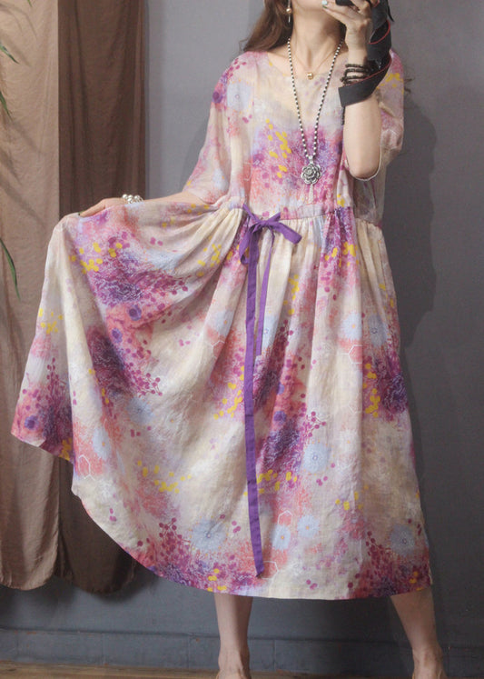 Classy Pink O-Neck Drawstring Floral Linen Mid Dress Half Sleeve