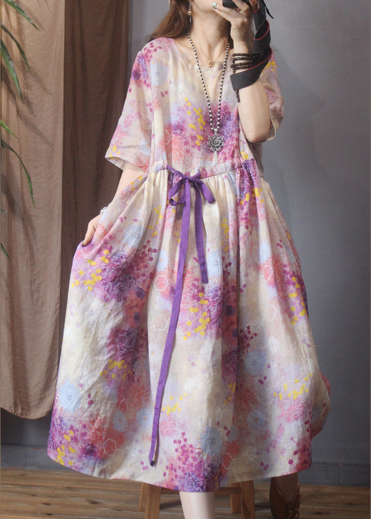Classy Pink O-Neck Drawstring Floral Linen Mid Dress Half Sleeve