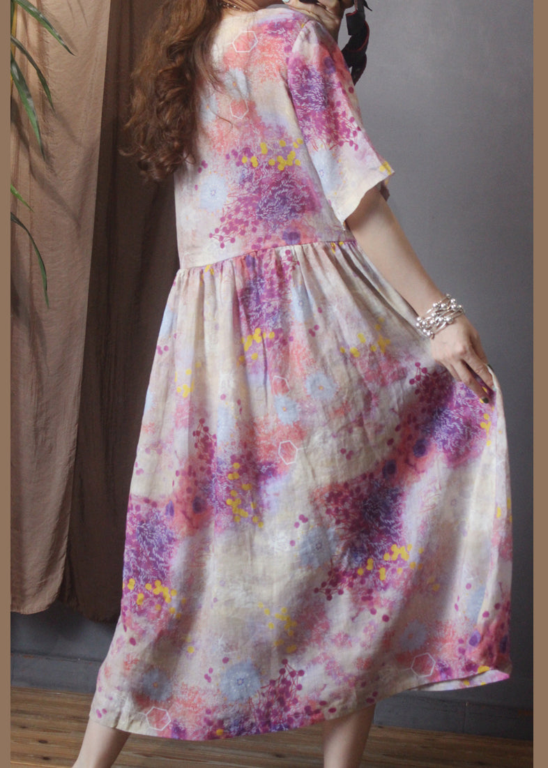 Classy Pink O-Neck Drawstring Floral Linen Mid Dress Half Sleeve