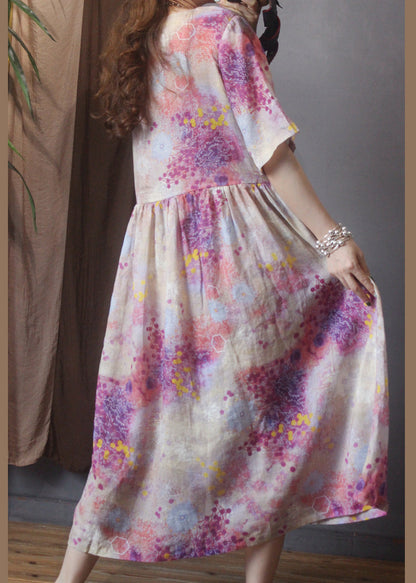 Classy Pink O-Neck Drawstring Floral Linen Mid Dress Half Sleeve