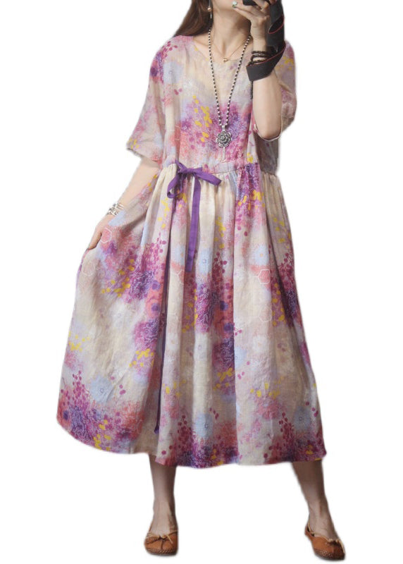 Classy Pink O-Neck Drawstring Floral Linen Mid Dress Half Sleeve