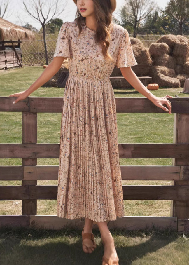 Classy Pink O Neck Print Wrinkled Cotton Long Dresses Summer