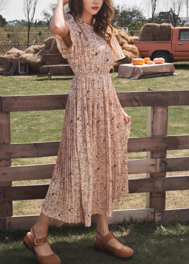 Classy Pink O Neck Print Wrinkled Cotton Long Dresses Summer