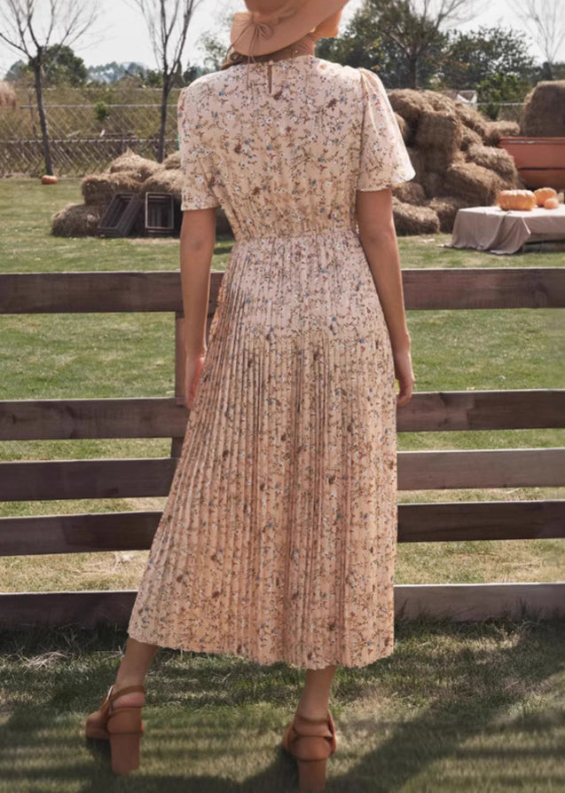 Classy Pink O Neck Print Wrinkled Cotton Long Dresses Summer