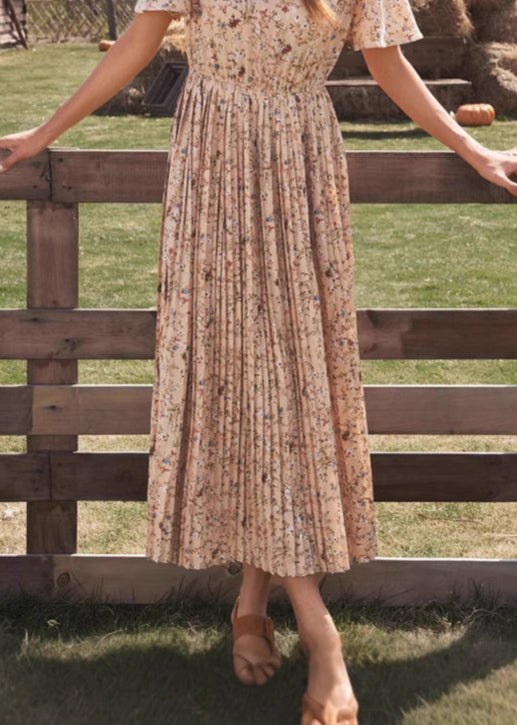 Classy Pink O Neck Print Wrinkled Cotton Long Dresses Summer