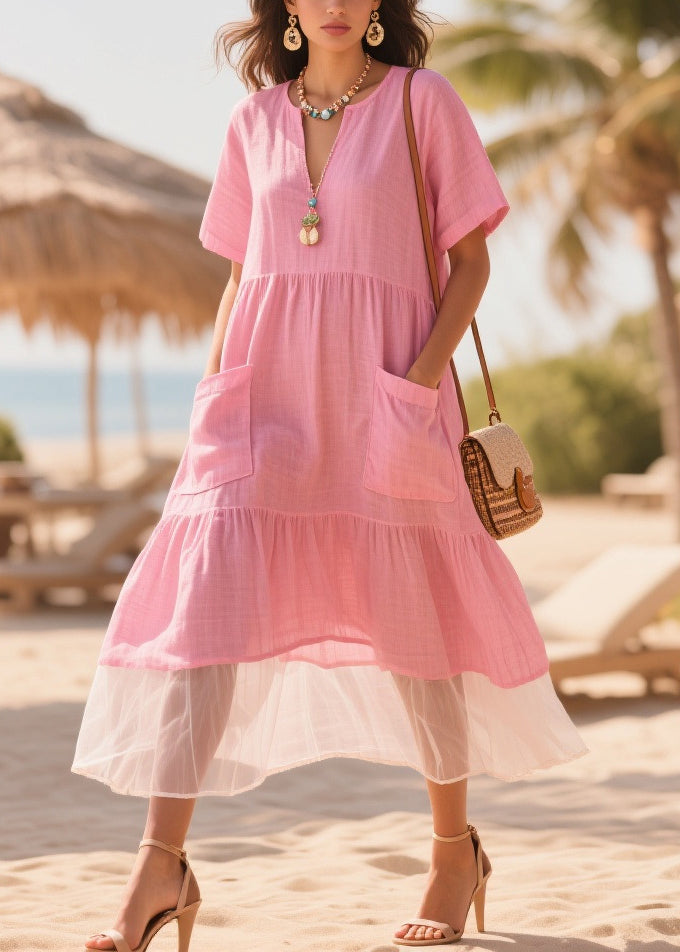 Classy Pink Oversized Patchwork Tulle Cotton Maxi Dresses Summer