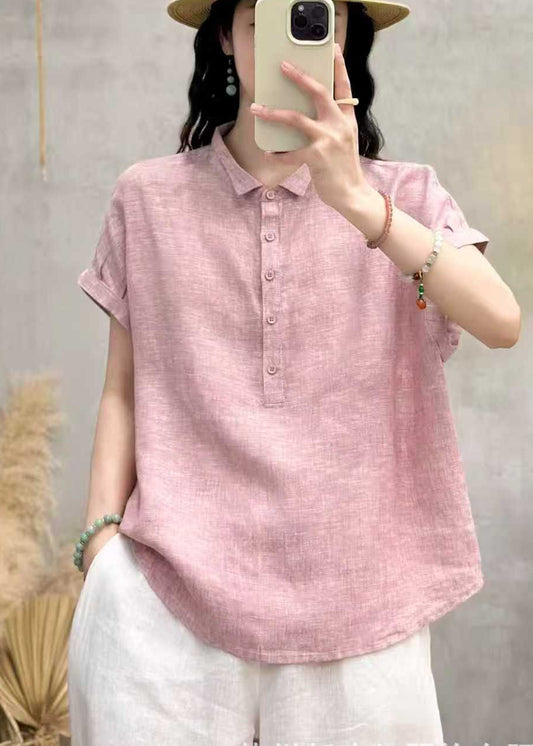 Classy Pink Peter Pan Collar Oversized Linen Blouses Summer