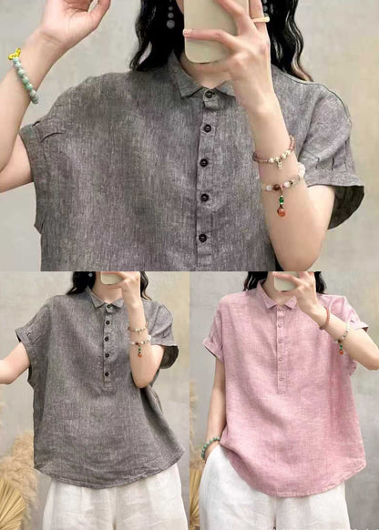 Classy Pink Peter Pan Collar Oversized Linen Blouses Summer