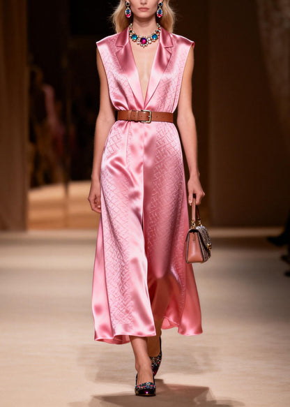 Classy Pink Peter Pan Collar Patchwork Silk Dress Sleeveless