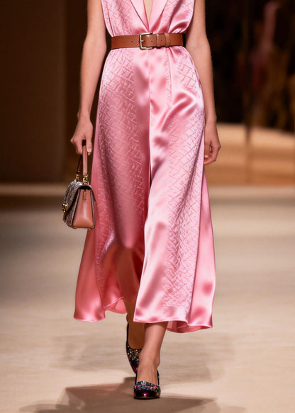 Classy Pink Peter Pan Collar Patchwork Silk Dress Sleeveless