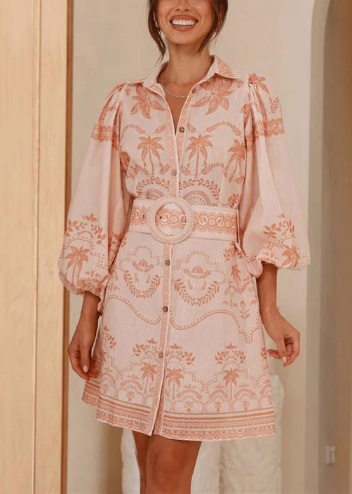 Classy Pink Peter Pan Collar Print Sashes Linen Shirts Dress Spring
