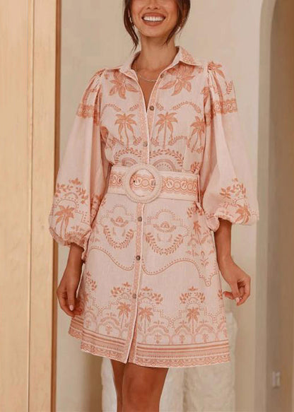 Classy Pink Peter Pan Collar Print Sashes Linen Shirts Dress Spring