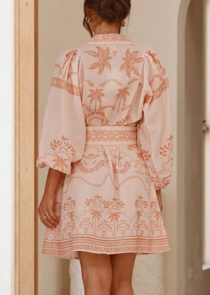 Classy Pink Peter Pan Collar Print Sashes Linen Shirts Dress Spring