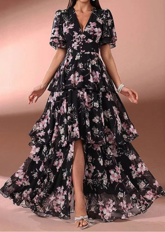 Classy Pink Ruffled Print Chiffon Long Dresses Summer