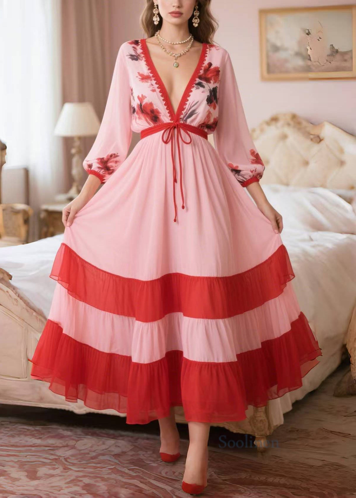 Classy Pink V Neck Patchwork Chiffon Dress Summer