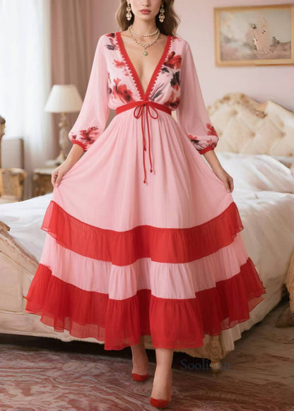 Classy Pink V Neck Patchwork Chiffon Dress Summer