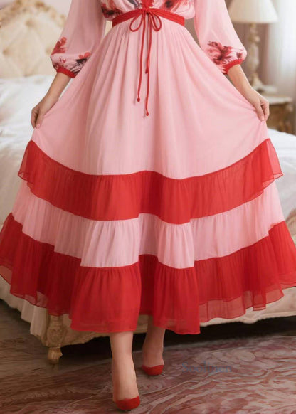 Classy Pink V Neck Patchwork Chiffon Dress Summer