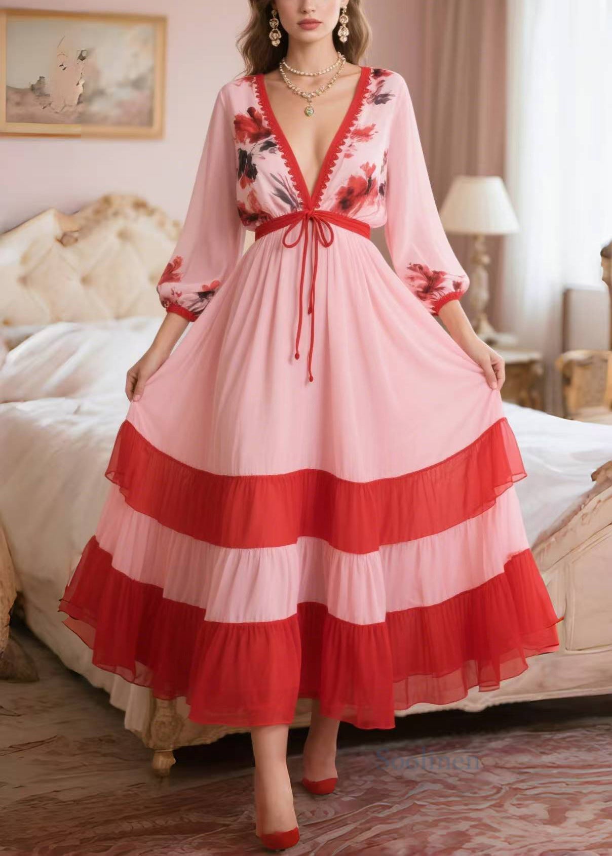 Classy Pink V Neck Patchwork Chiffon Dress Summer