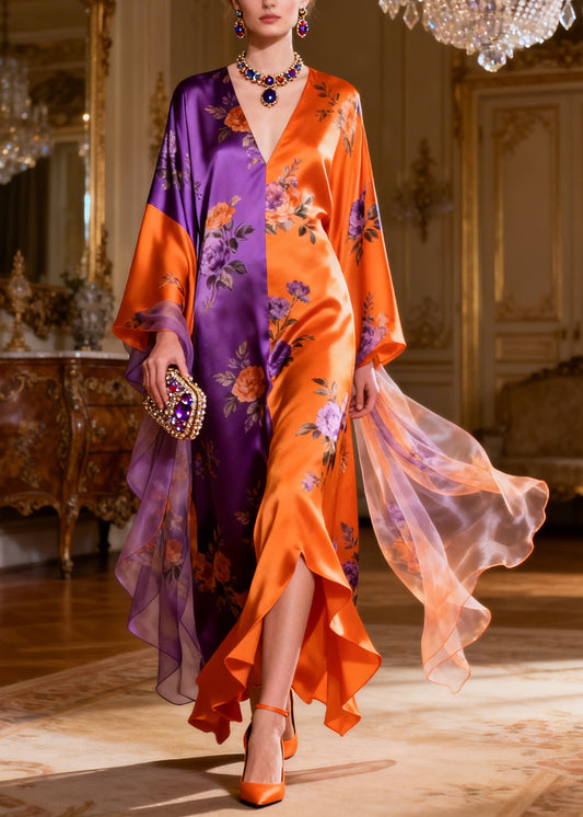 Classy Pink V Neck Print Patchwork Silk Long Dress Summer