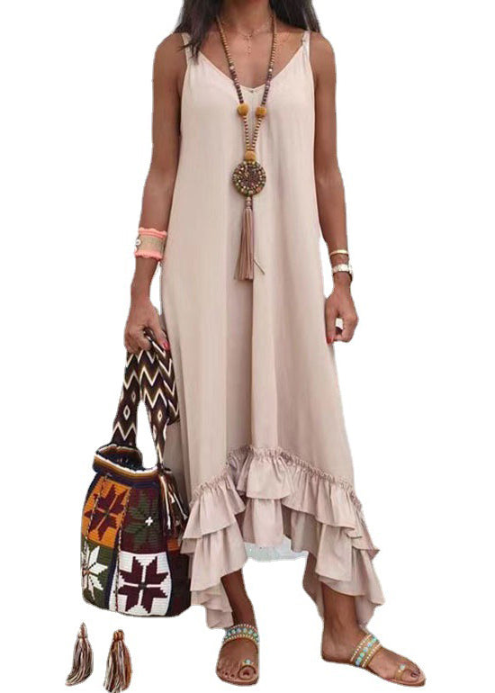 Classy Pink V Neck Ruffled Cotton Spaghetti Strap Dress Sleeveless