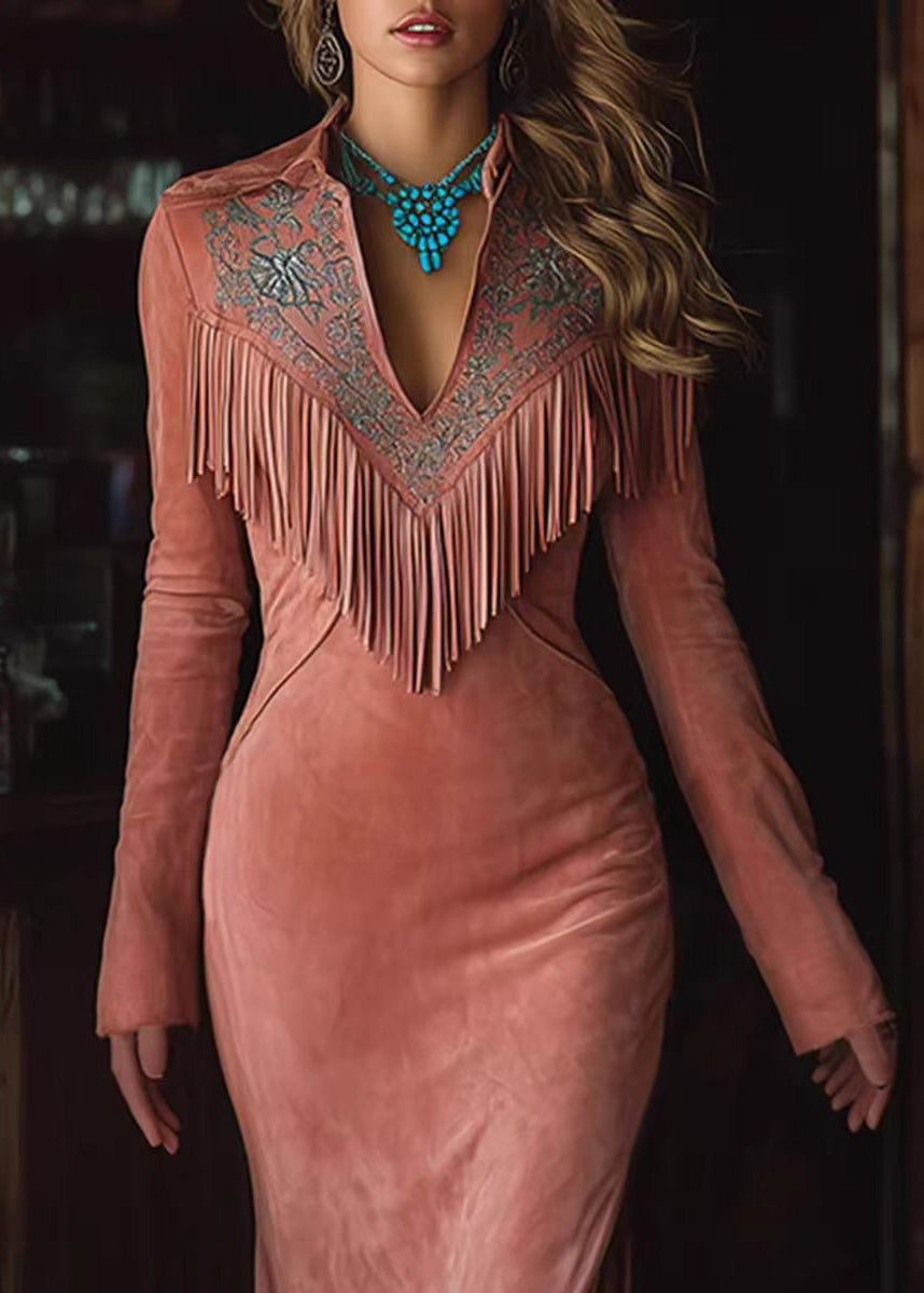 Classy Pink V Neck Tassel Side Open Faux Suede Dress Spring
