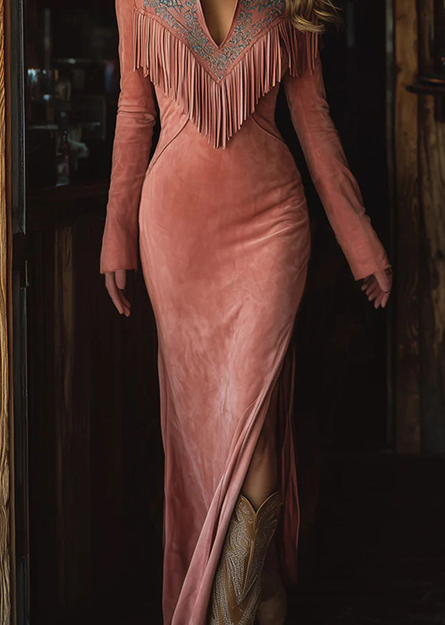 Classy Pink V Neck Tassel Side Open Faux Suede Dress Spring