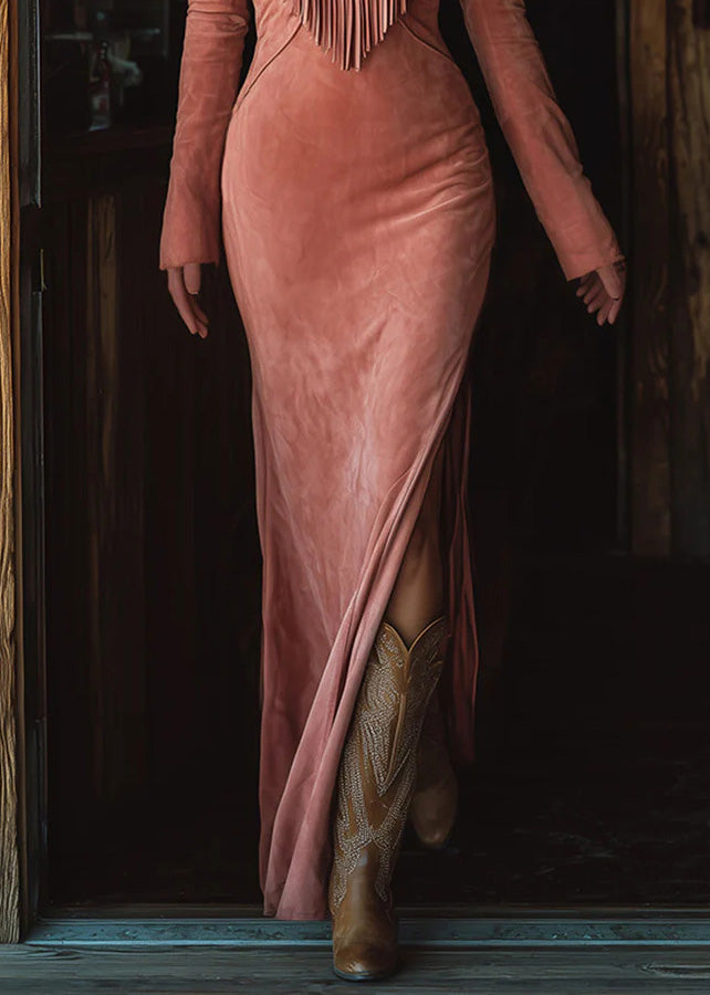 Classy Pink V Neck Tassel Side Open Faux Suede Dress Spring