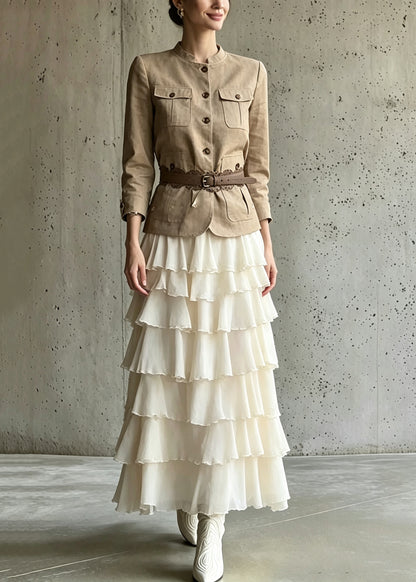 Classy Pockets Patchwork Coats And Maxi Skirts Two Piece Set Long Sleeve